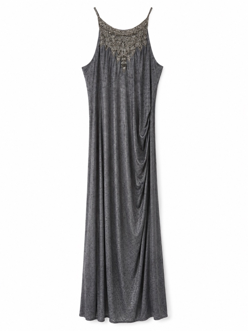 David Meister Size 12 Gray Metallic Beaded Halter Evening Gown Formal Dress 60”